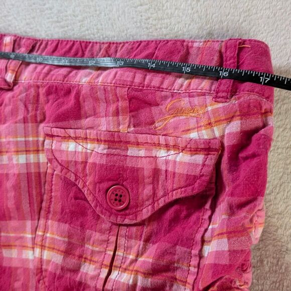 Y2K Guess Plaid Micro Shorts Women's 32 M Pink Ruched Drawstring Bow Vintage - Picture 7 of 9